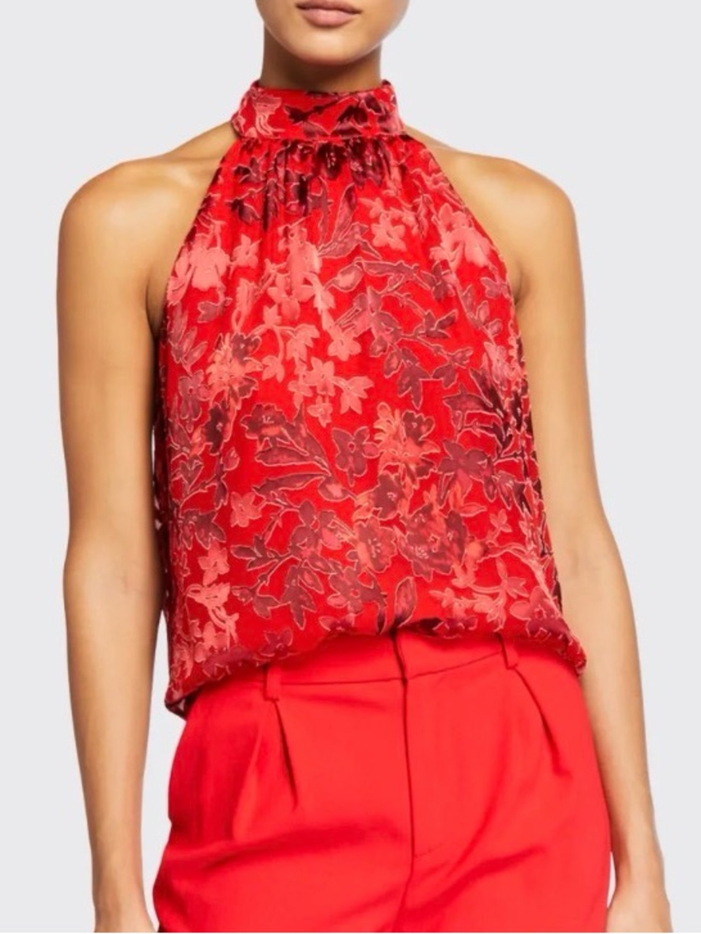 Alice + Olivia  Red Floral Halter Top Mock Neck Blouse Size M